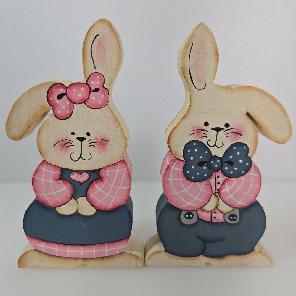 VTG Wood Bunny Couple Shelf Sitters Hand Painted Easter Rabbit Decor Primative